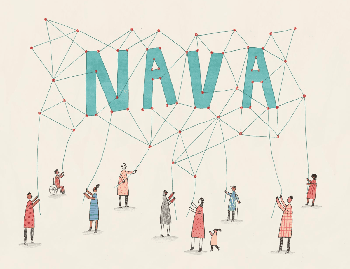 An illustration of people holding lines that spell out NAVA.
