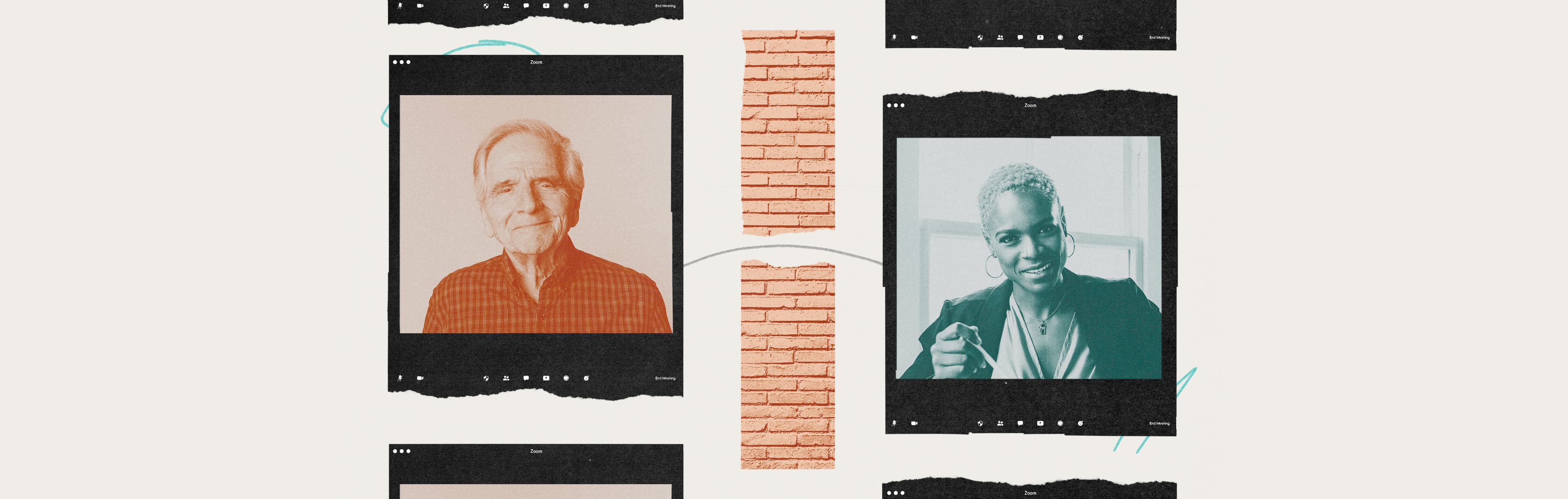 Two people smile out of virtual screens on either side of a brick wall. The brick wall is cracked by an arched  line that connects the two people.
