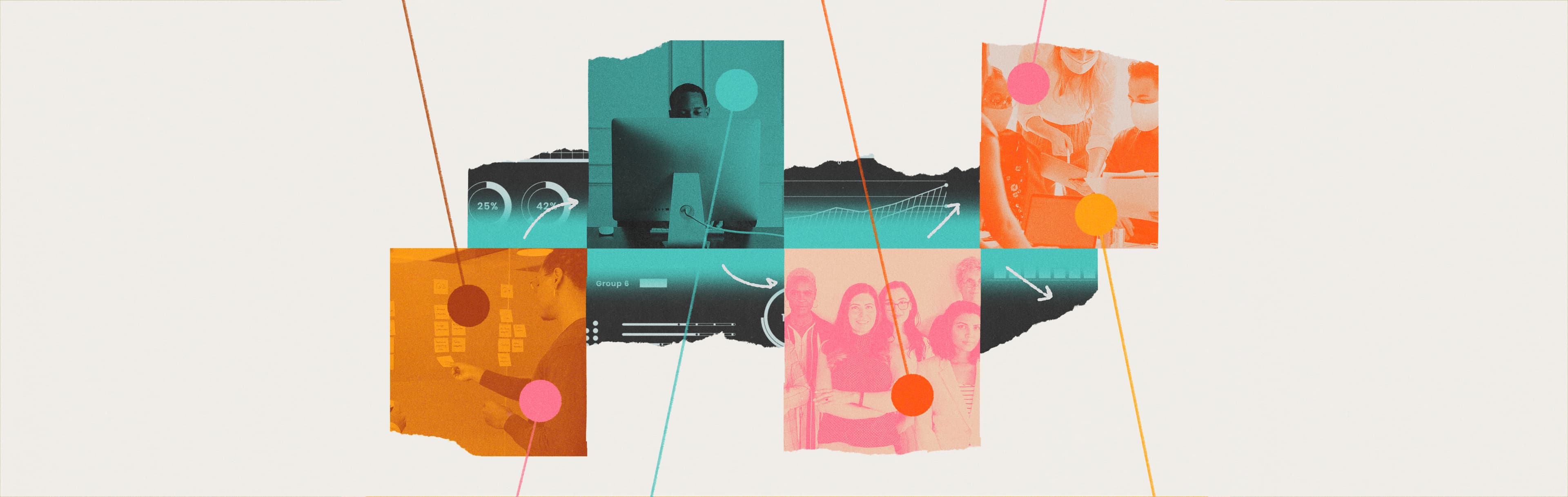 Pink, orange, and sea green photos show people in different stages of the unemployment experience, from waiting in lines to filling out forms, and people working to create a new experience. The photos are connected and intersected by sea green, orange, and pink lines.
