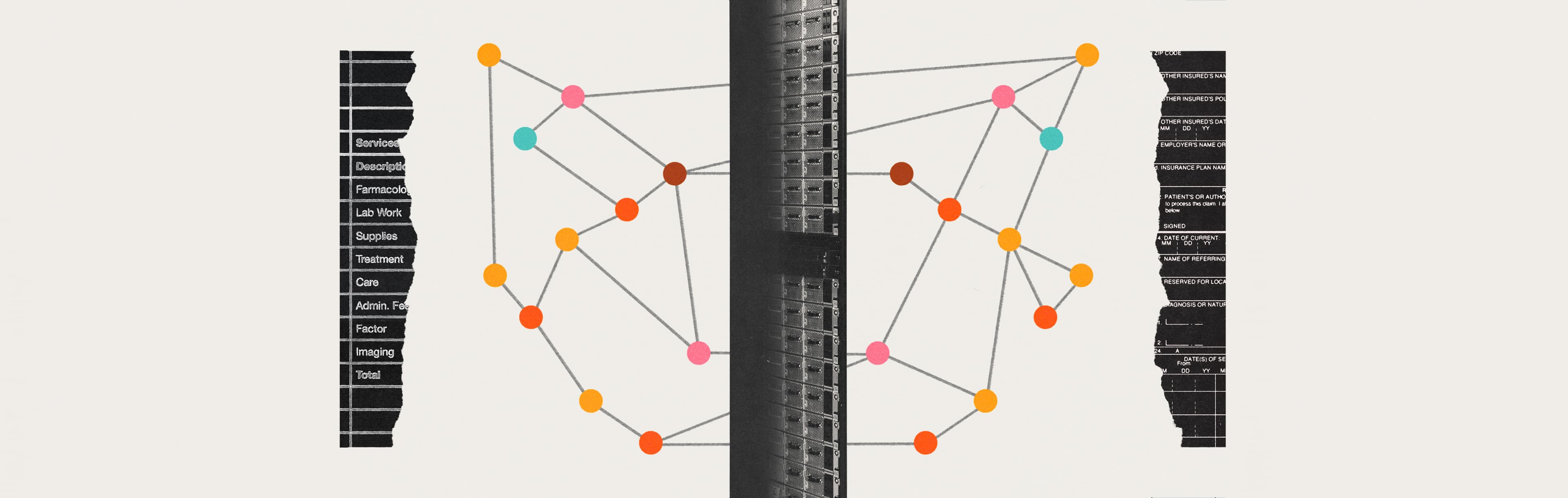 A cloud of pink, yellow, orange, and sea green dots, connected by straight lines in graphite emerges from an image of benchmarks that's torn into three pieces.
